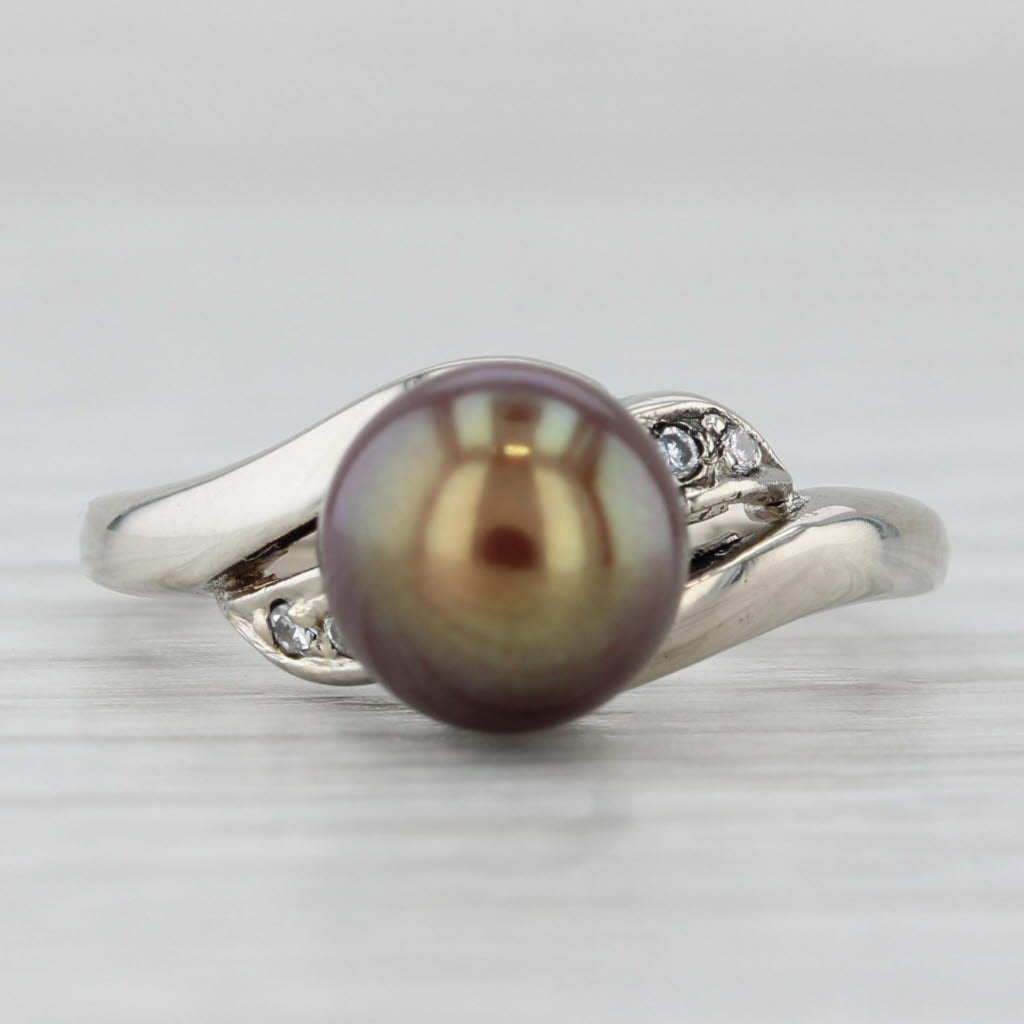 Light Gray Brown Bronze Cultured Pearl Diamond Ring 14k White Gold Size 6.5