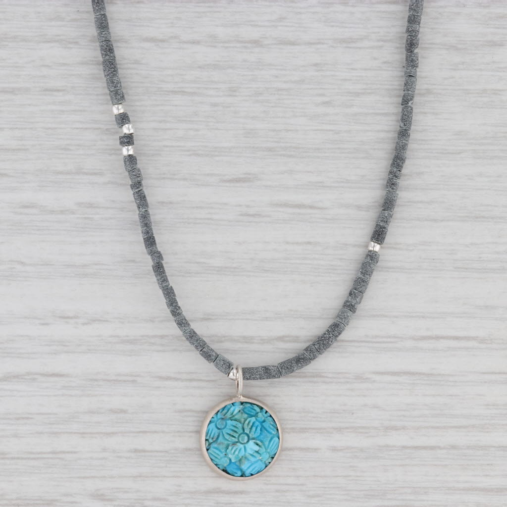 New Nina Wynn Flower Turquoise Pendant Coral Bead Necklace Sterling Silver