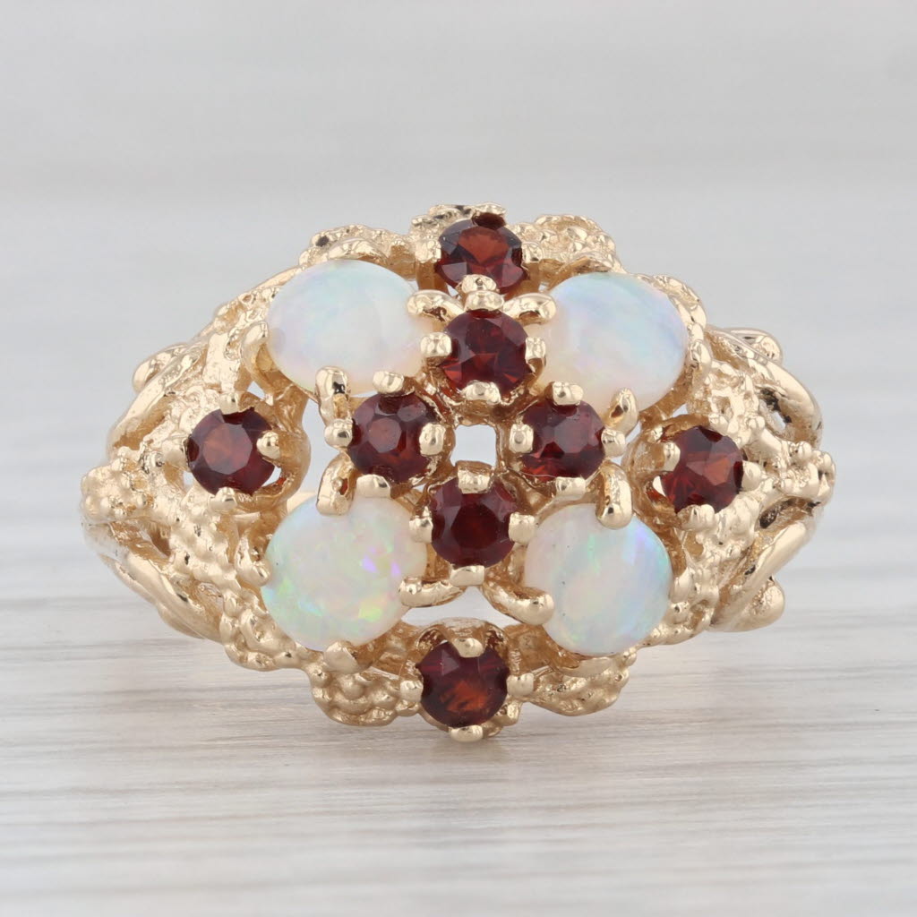 Light Gray Garnet Opal Cluster Domed Cocktail Ring 14k Yellow Gold Size 7.5