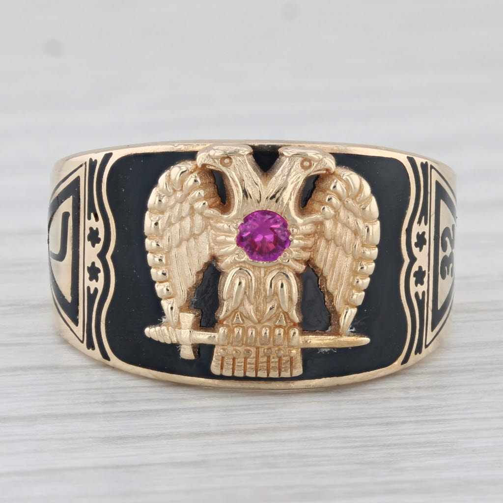 Light Gray Vintage Scottish Rite Ring 10k Gold Masonic Eagle Lab Created Ruby Cigar Band