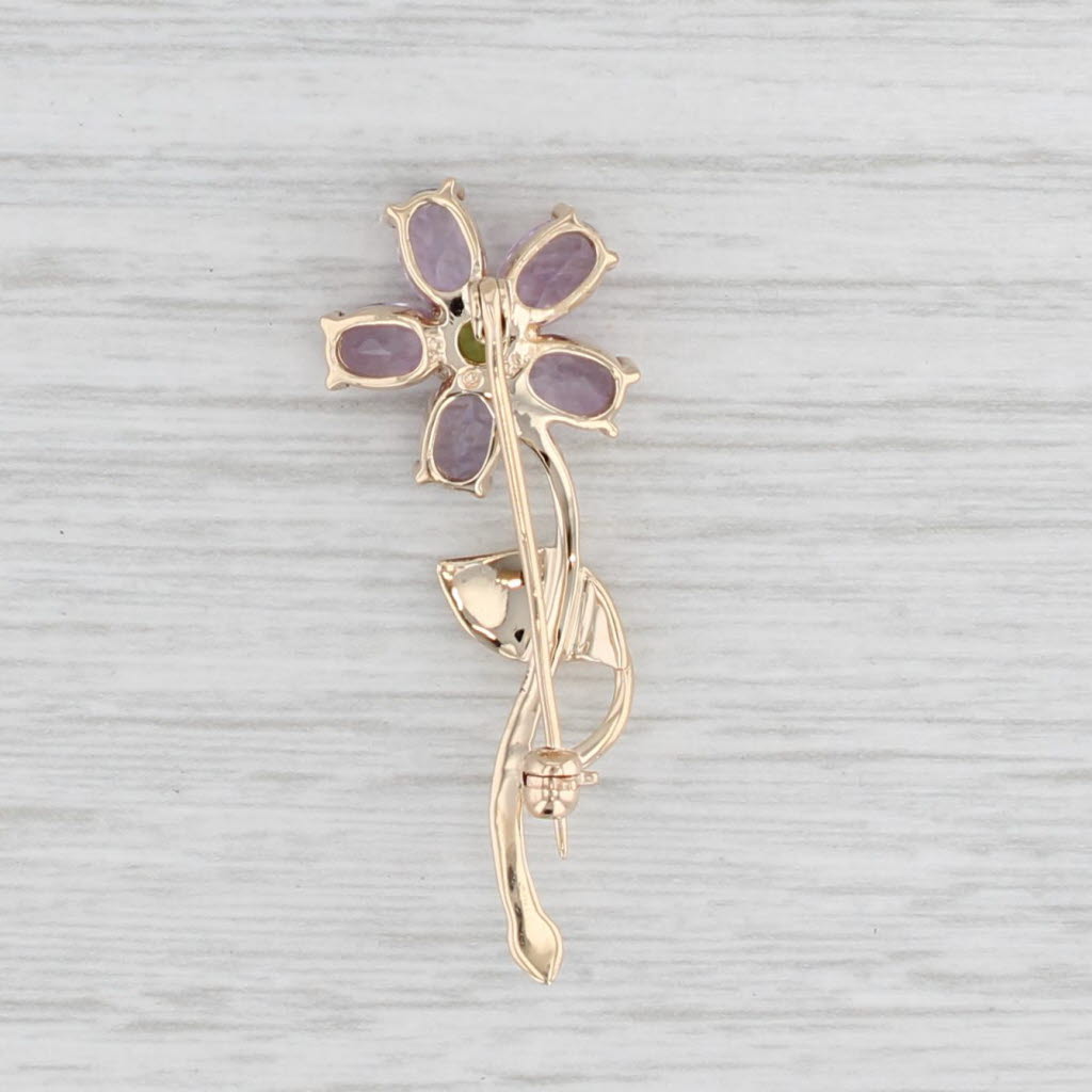 Light Gray 2.55ctw Amethyst Peridot Flower Brooch 10k Yellow Gold Floral Pin