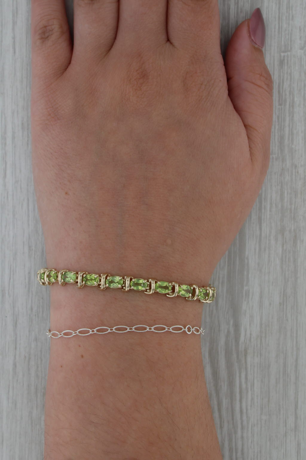 10ctw Light Green Peridot Tennis Bracelet 14k Yellow Gold 6.75" 6.4mm