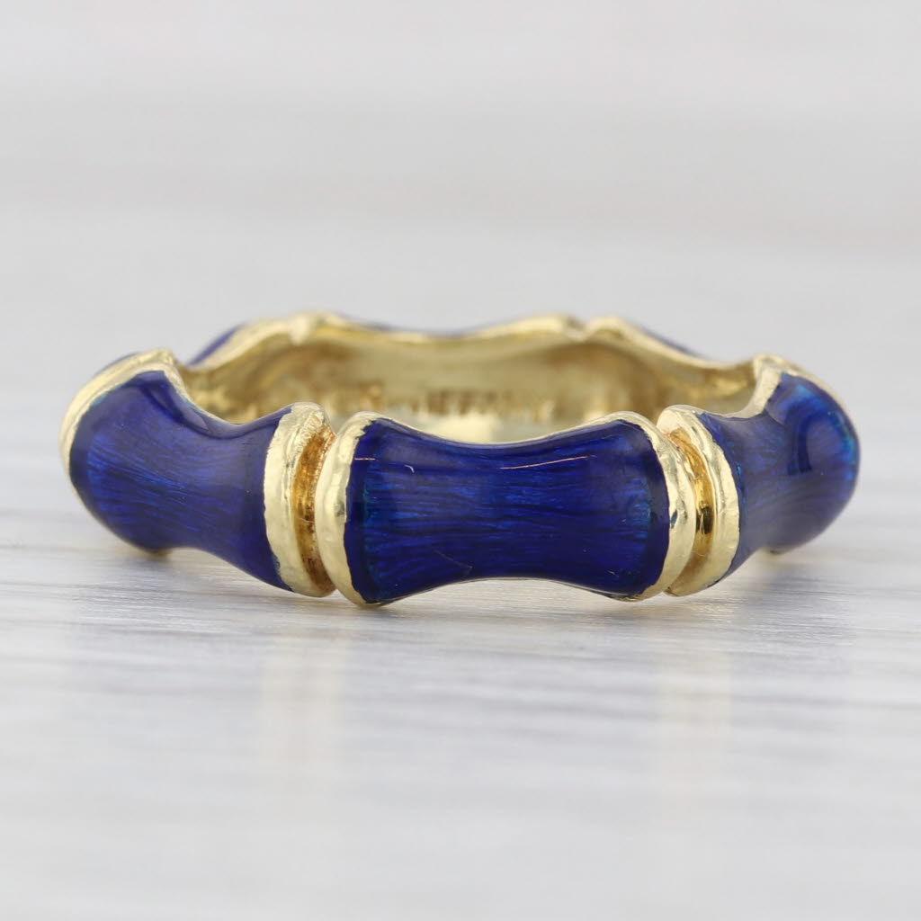 Rare Tiffany & Co Blue Enamel Bamboo Band Stackable Ring 18k Yellow Gold Sz 8.5