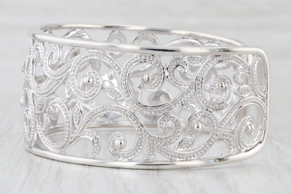 Light Gray Diamond Ornate Openwork Cuff Bracelet Sterling Silver 7" 25.8mm Statement