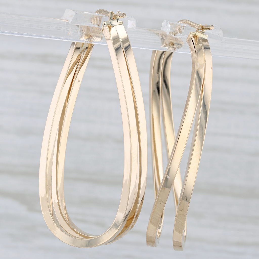 Light Gray Twist Oval Hoop Earrings 14k Yellow Gold Snap Top Posts