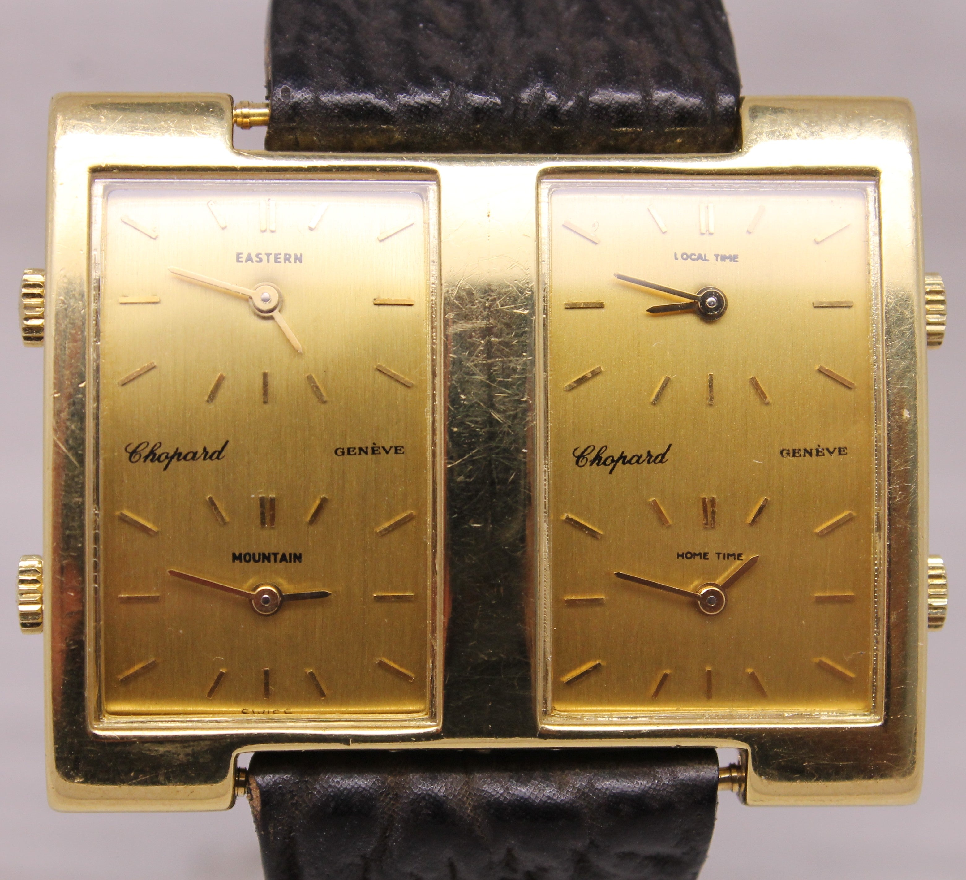 Vintage 1970s Chopard 4 Time Zone 18k Yellow Gold Mens Watch w Cartier Deployant