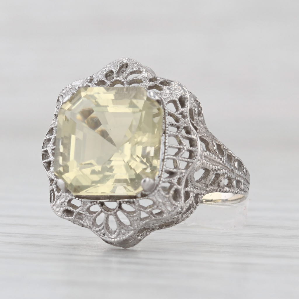 Vintage 4.20ct Lemon Quartz Solitaire Ring Sterling Silver Filigree Size 7