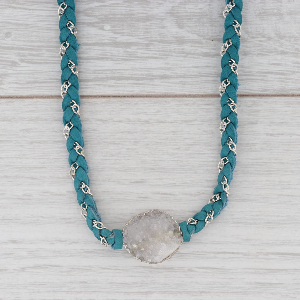 New Nina Wynn Necklace Cordelia Teal Leather White Druzy Quartz Pendant