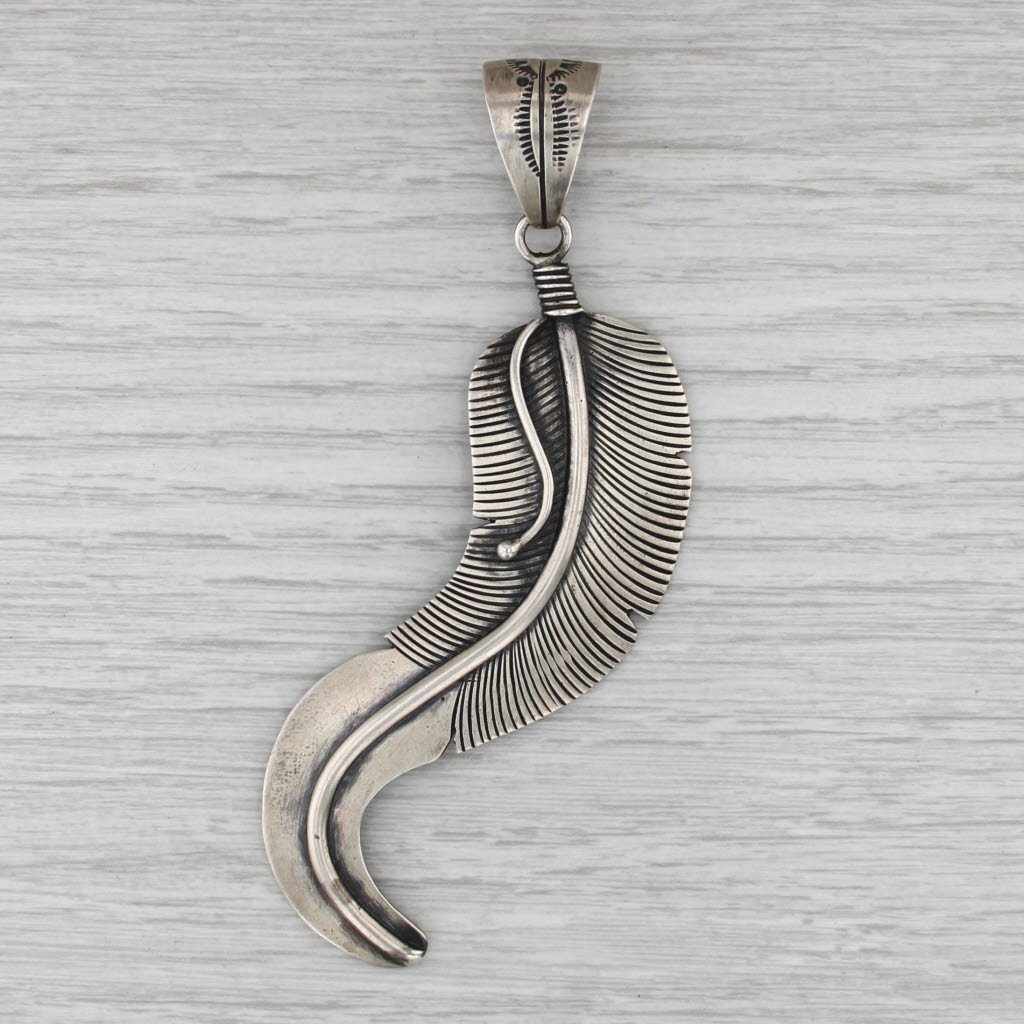Lorenzo Juan Navajo Native American Feather Pendant Sterling Silver Statement