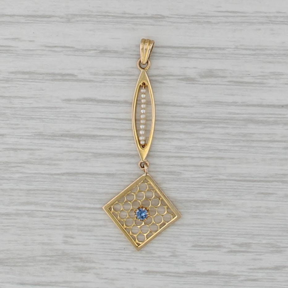 Vintage Lavalier Lab Created Sapphire Seed Pearls Pendant 10k Yellow Gold