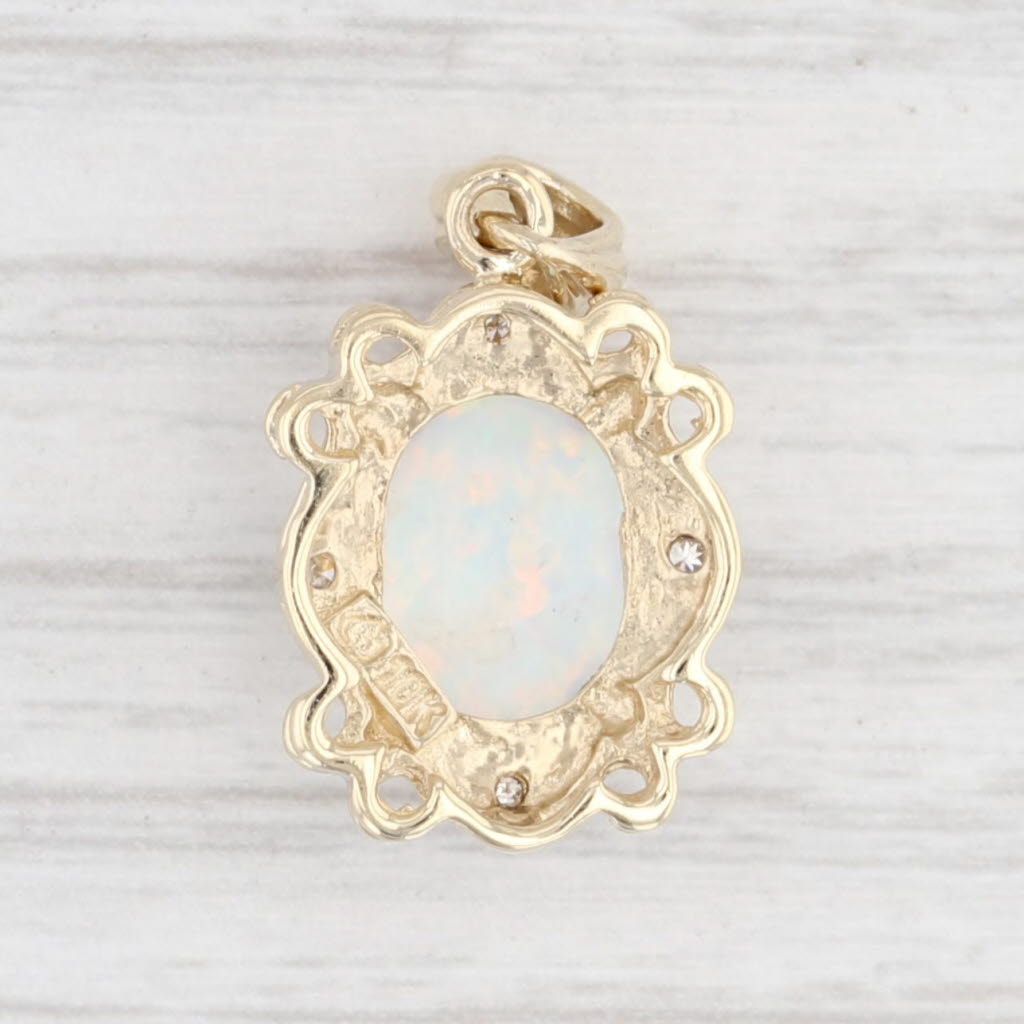 Light Gray Lab Created Opal Diamond Drop Pendant 10k Yellow Gold Oval Cabochon