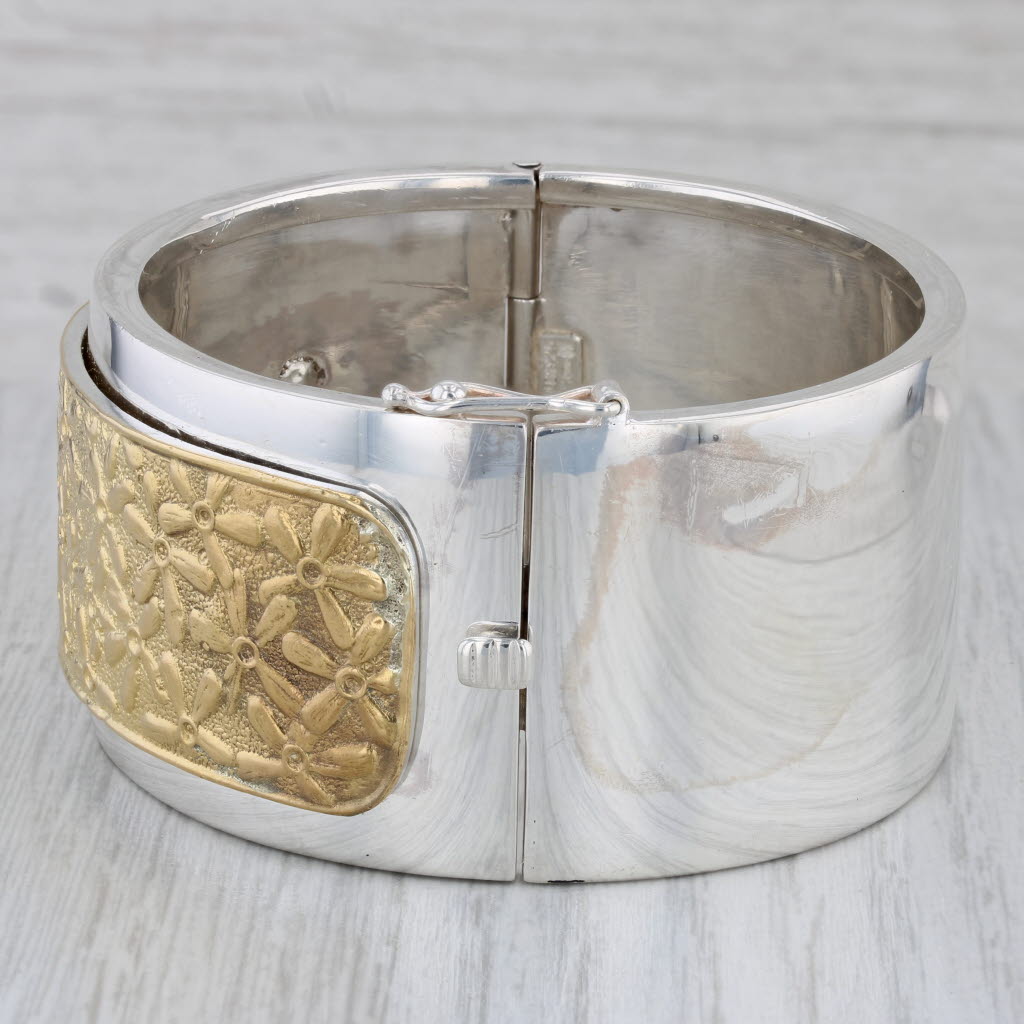 Gray Chunky Flower Bangle Bracelet Sterling silver 22k Gold Statement 7" Greece