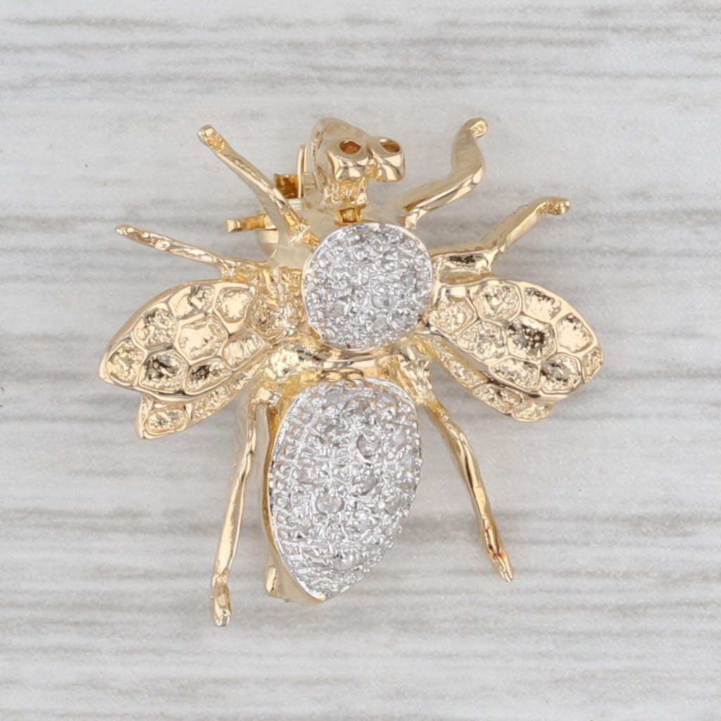 Diamond Bee Pin Pendant 14k Yellow Gold Bug Insect Jewelry
