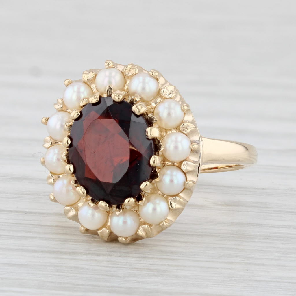 Light Gray 3.15ct Oval Garnet Pearl Halo Ring 14k Yellow Gold Size 6