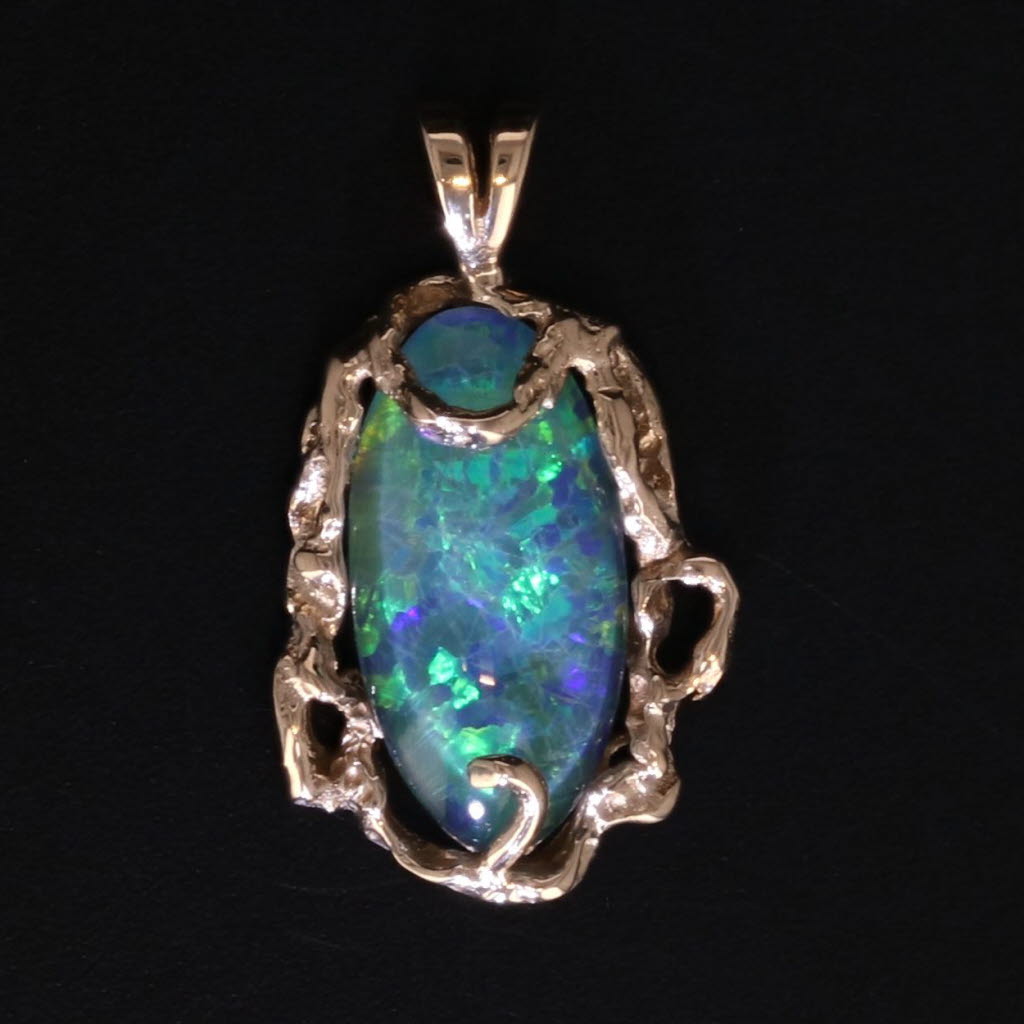 Black Blue Green Opal Pendant 14k Yellow Gold Abstract Gothic Frame