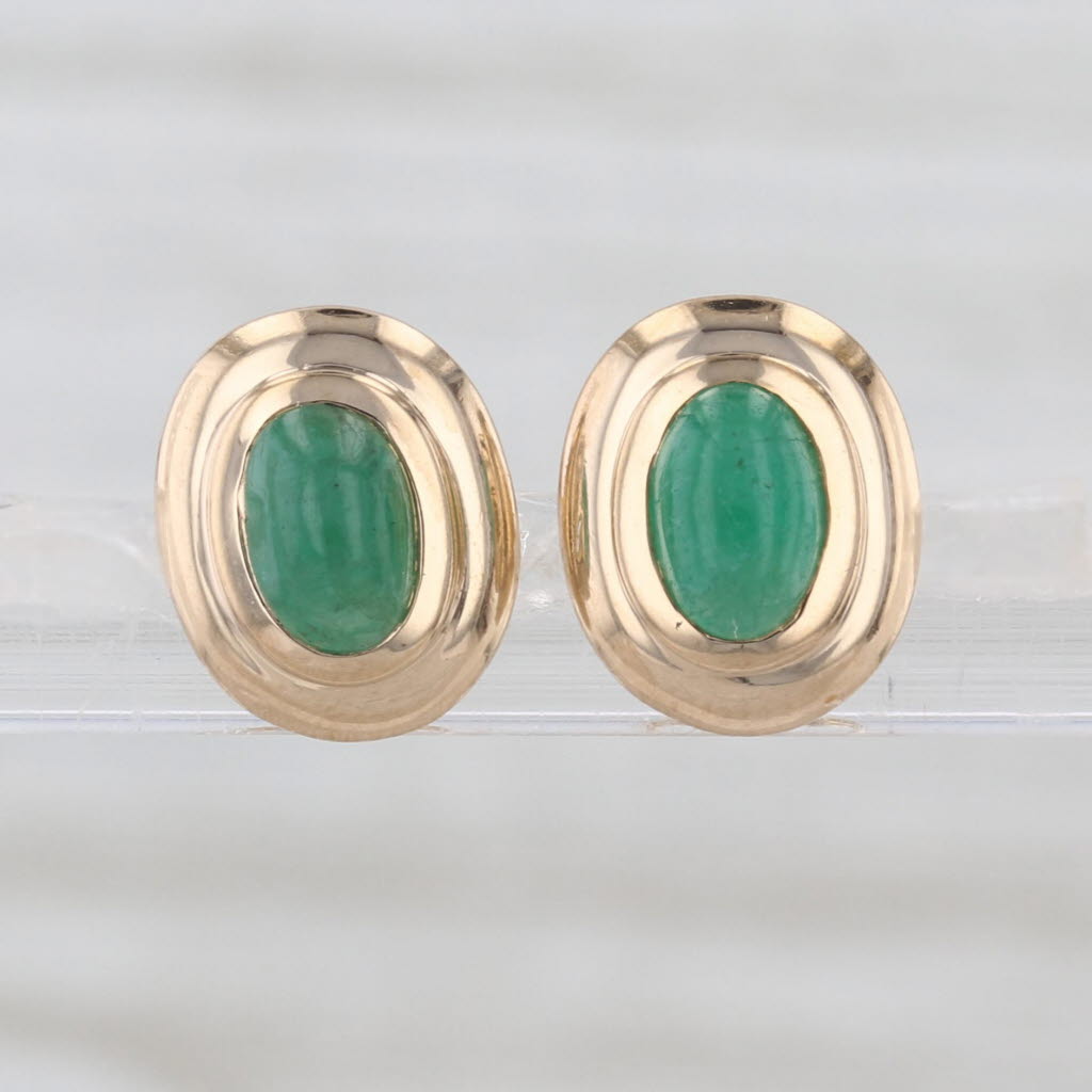 Emerald Oval Cabochon Solitaire Stud Earrings 14k Yellow Gold Studs