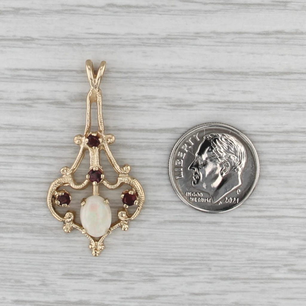 Opal Cabochon Garnet Drop Pendant 14k Yellow Gold Vintage Style