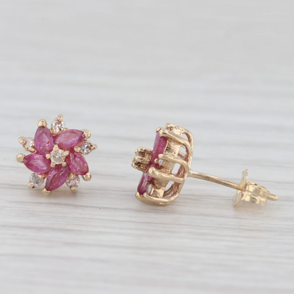 Light Gray 0.72ctw Ruby Diamond Flower Stud Earrings 14k Yellow Gold