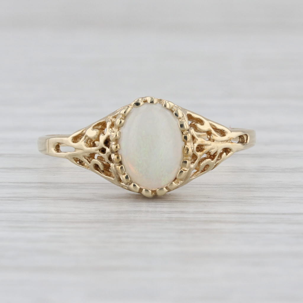 Opal Oval Cabochon Solitaire Ring 10k Yellow Gold Size 10 Ornate Openwork