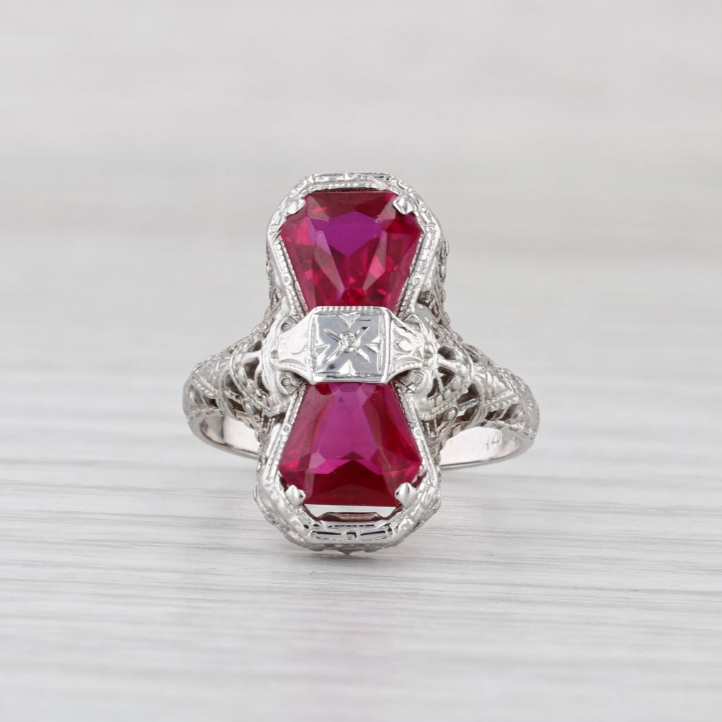 Art Deco Lab Created Ruby Filigree Ring 14k White Gold Size 5