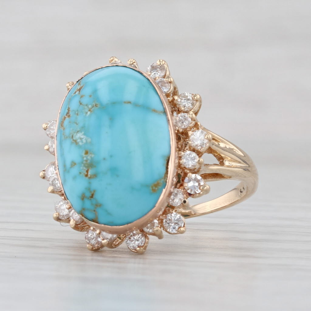 Turquoise Oval Cabochon Diamond Halo Ring 14k Yellow Gold Size 8 Cocktail
