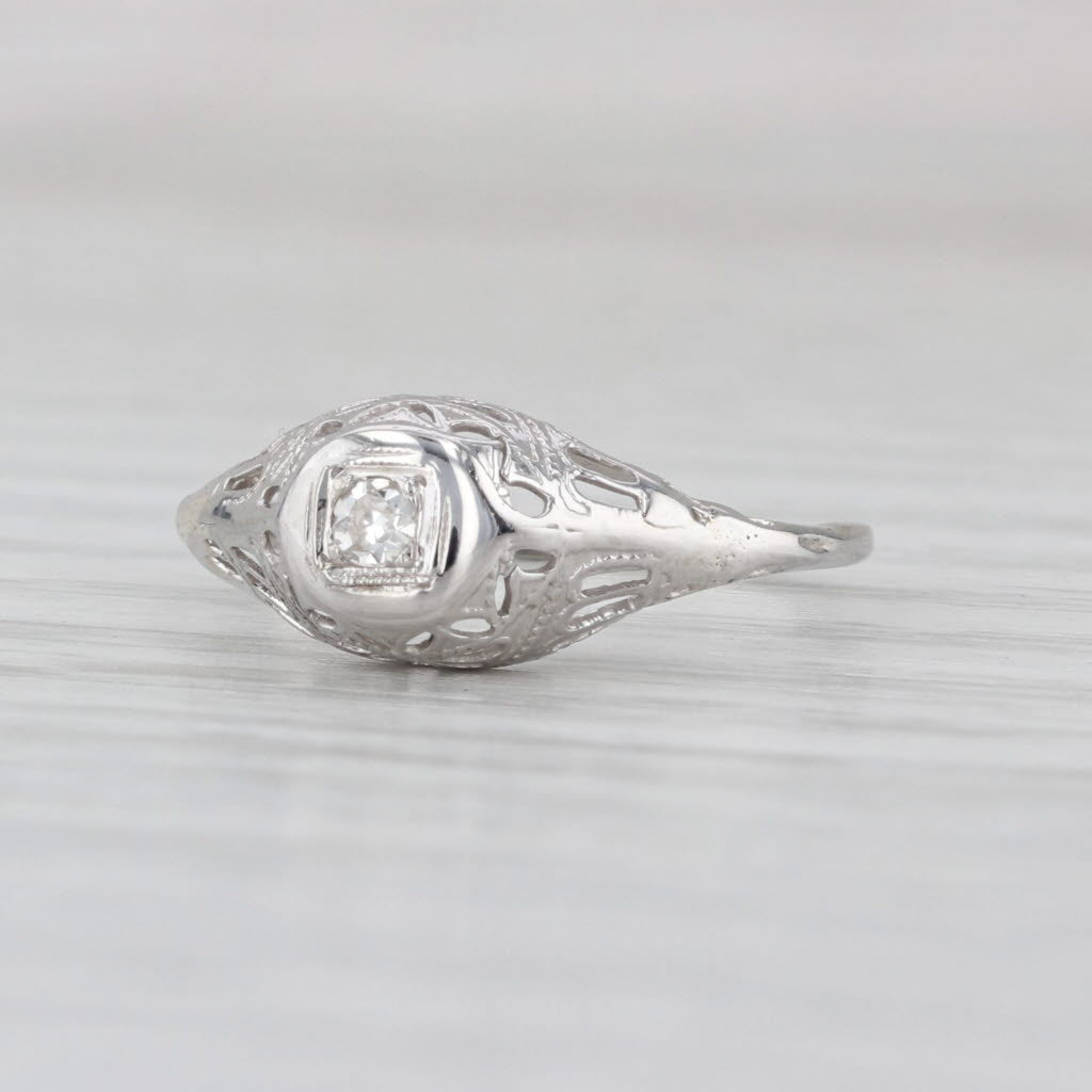 Art Deco Diamond Solitaire Filigree Ring 18k White Gold Size 4.75