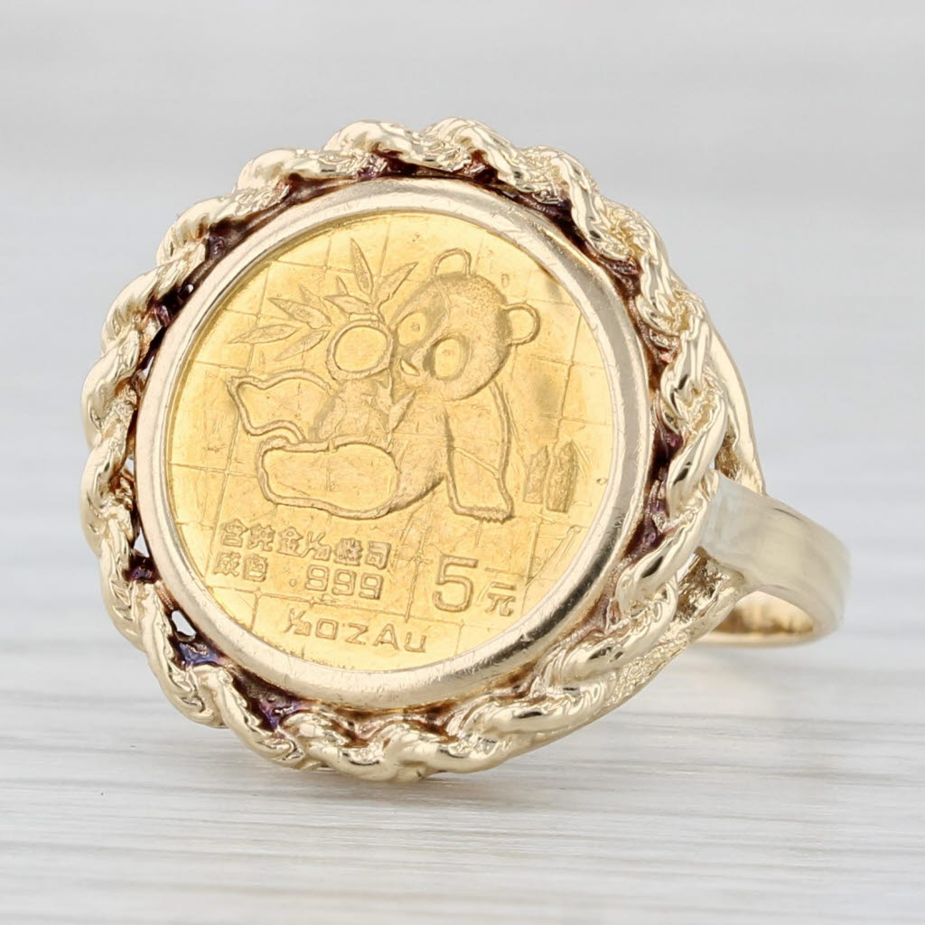 Light Gray 1999 Chinese Panda Coin 5 Yuan Ring 14k 1/20oz 24k Gold Size 6.75