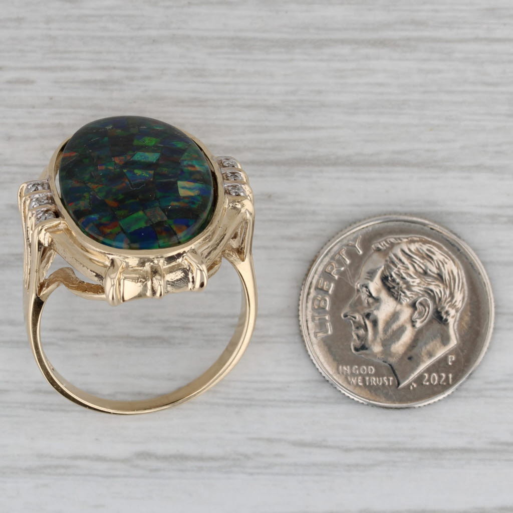 Gray Colorful Mosaic Opal Triplet Diamond Ring 14k Yellow Gold Cocktail Statement Size 9