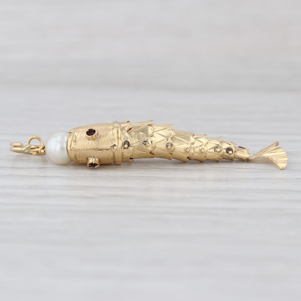 Vintage Cultured Pearl Glass Articulating Fish Pendant 14k Yellow Gold Charm