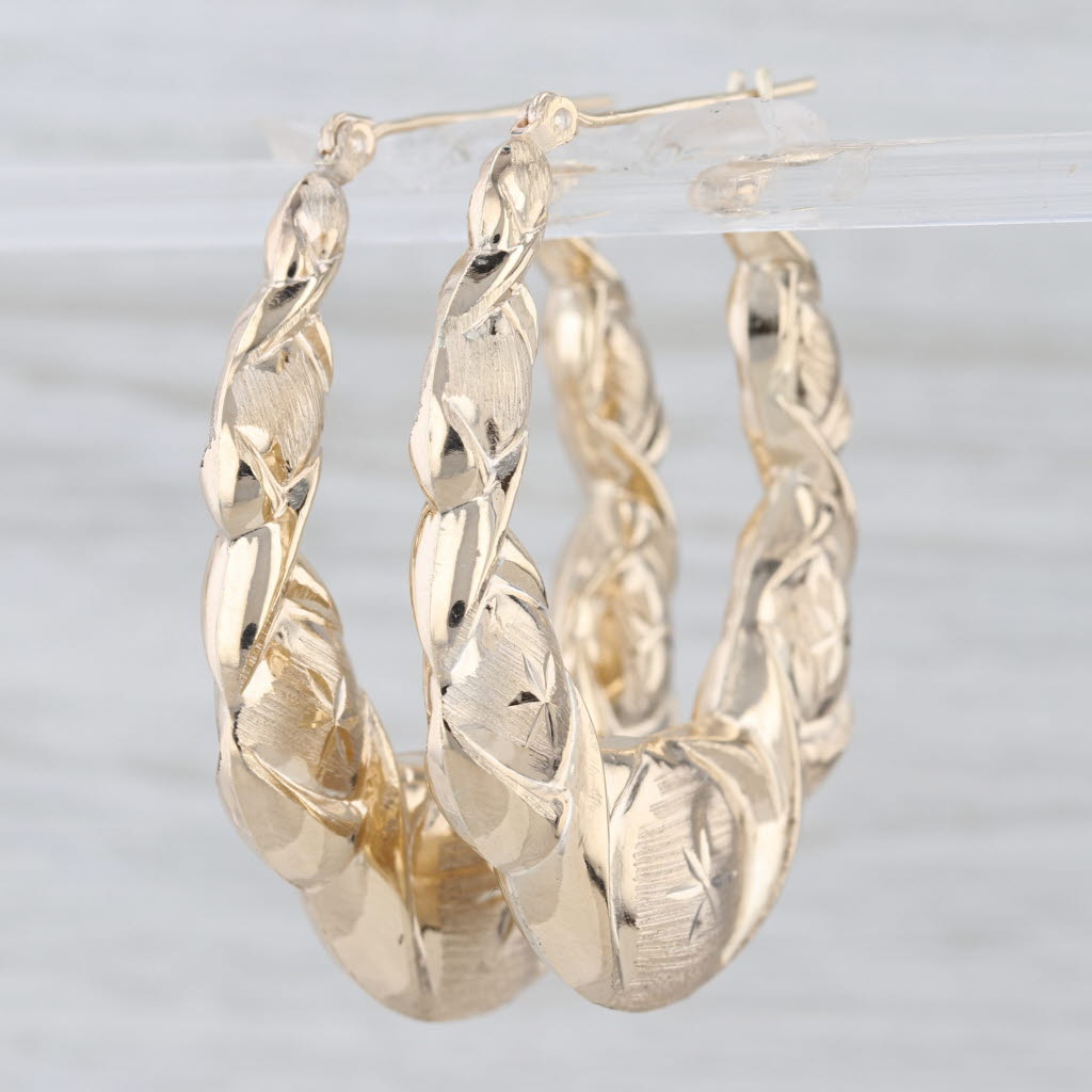 Star Etched Oval Hoop Statement Earrings 10k Yellow Gold Snap Top Hoops