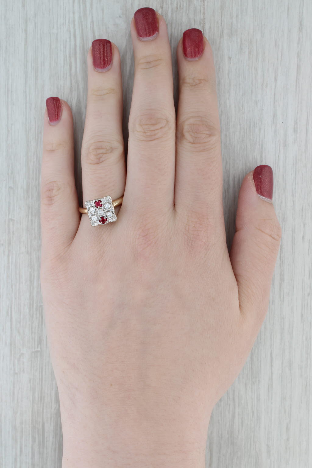 Gray Vintage Lab Created Ruby Diamond Cluster Ring 14k Yellow White Gold Size 10