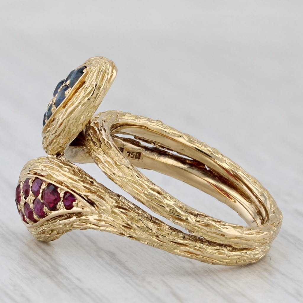 Gray 0.87ctw Blue Sapphire Red Ruby Coiled Snake Bypass Ring 18k Yellow Gold Itay