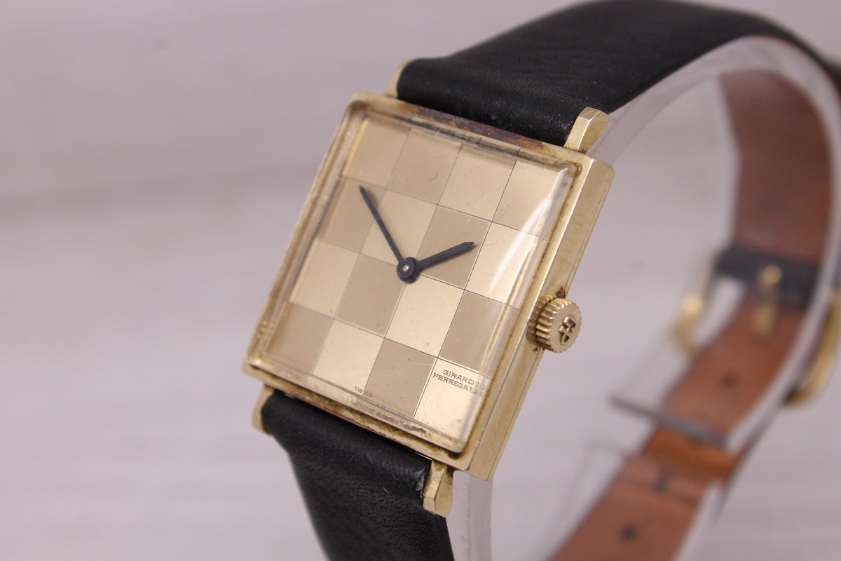 Vintage Girard Perregaux 25mm 14k Yellow Gold Watch Original Checker Dial
