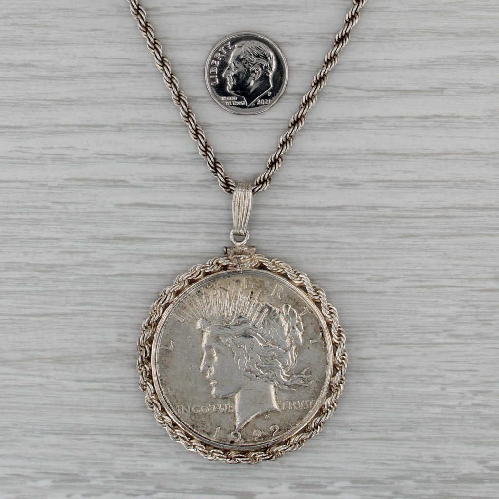 1922 Peace Dollar Pendant Necklace Sterling Silver 24" Rope Chain