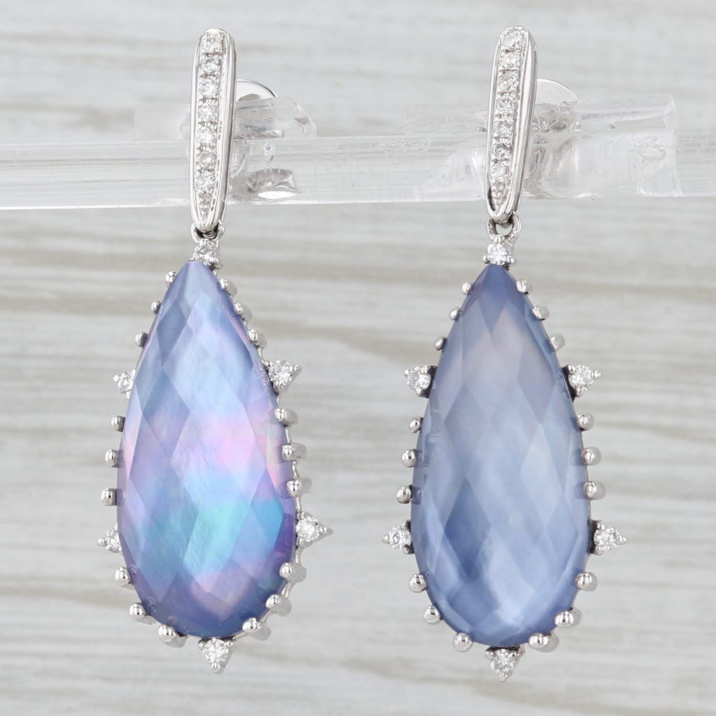 New Diamond Mother of Pearl Crystal Lapis Lazuli Dangle Earrings 18k White Gold