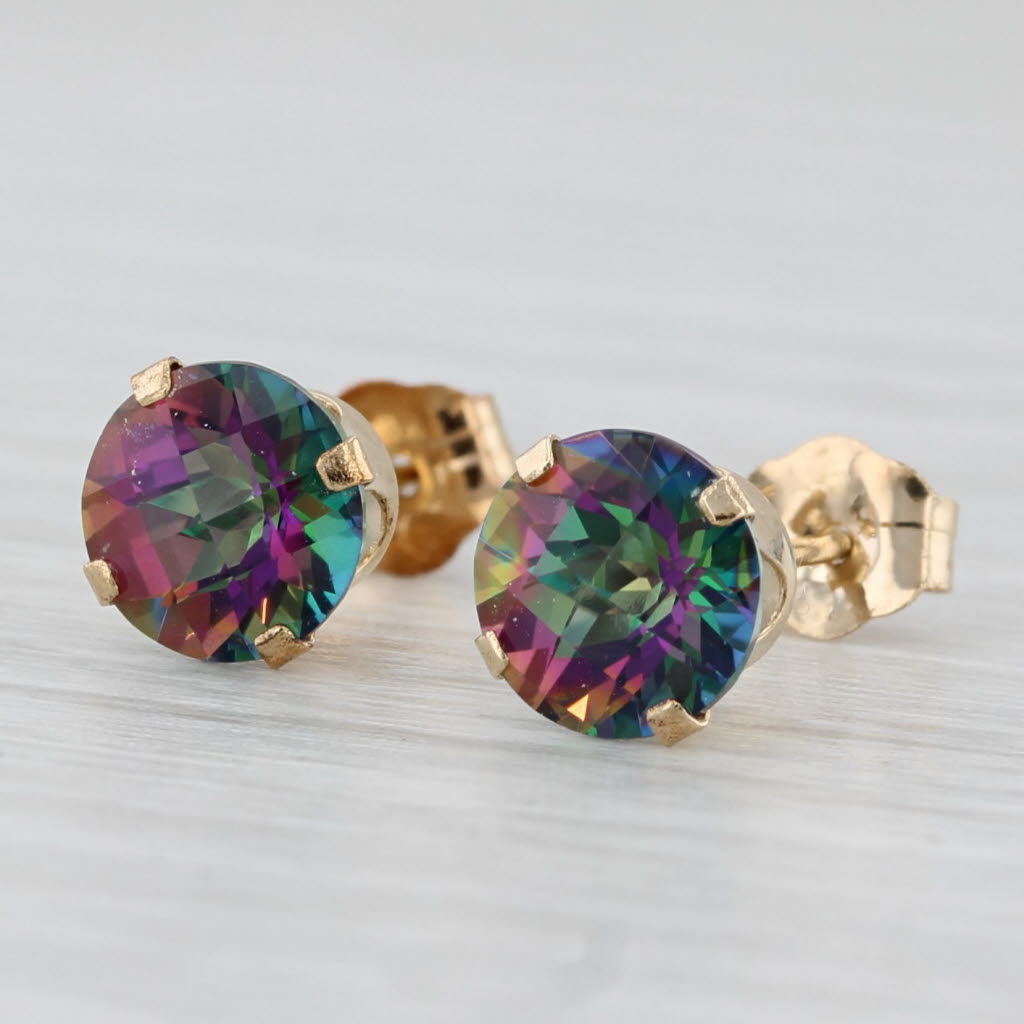 Light Gray 1.96ctw Mystic Topaz Round Solitaire Stud Earrings 14k Yellow Gold