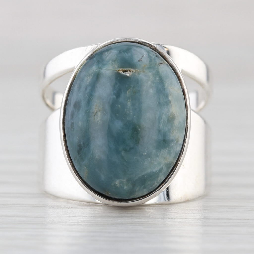 Larimar Oval Cabochon Solitaire Ring Sterling Silver Size 5.75 Statement