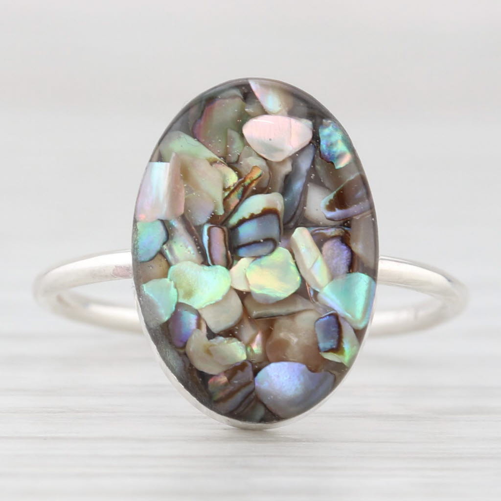 Light Gray Composite Stones Oval Cabochon Ring Sterling Silver Resin Size 6