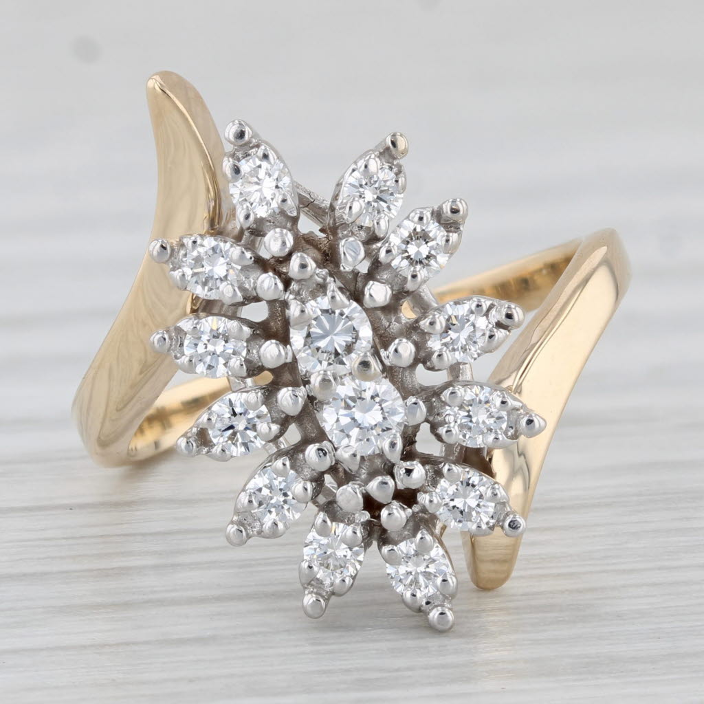 Light Gray 0.48ctw Vintage Cluster Diamond Ring 18k Gold Bypass Size 7