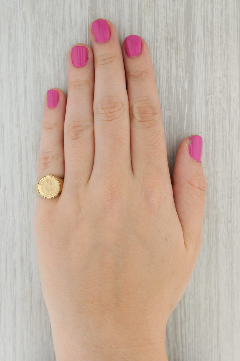 Saint Anthony Pray for Us Coin Ring 14k Yellow Gold Size 7 Signet Catholic Token