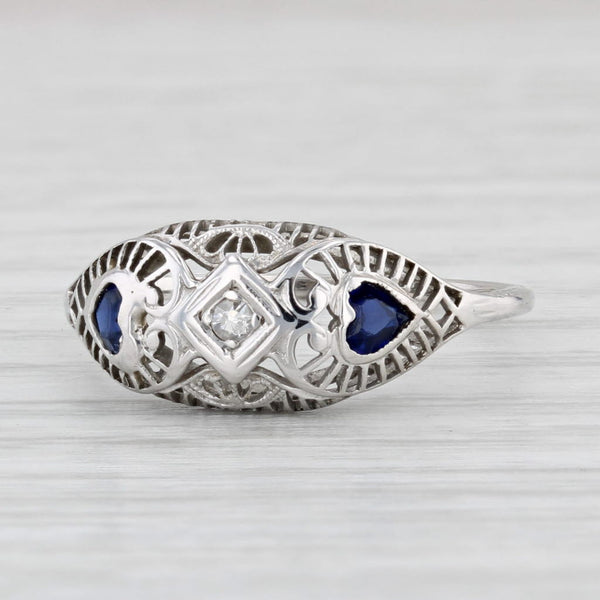 Art Deco 0.32ctw Diamond Lab Created Sapphire Filigree Heart Ring 18k Gold Sz 7