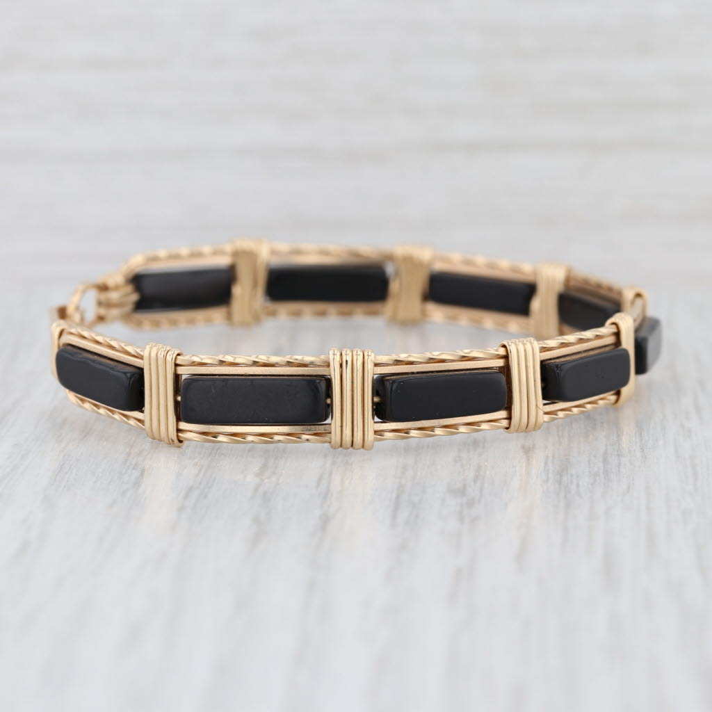 Vintage Onyx Wire Wrap Bangle Bracelet Yellow Gold Filled 7.25" 9.5mm Hook Clasp