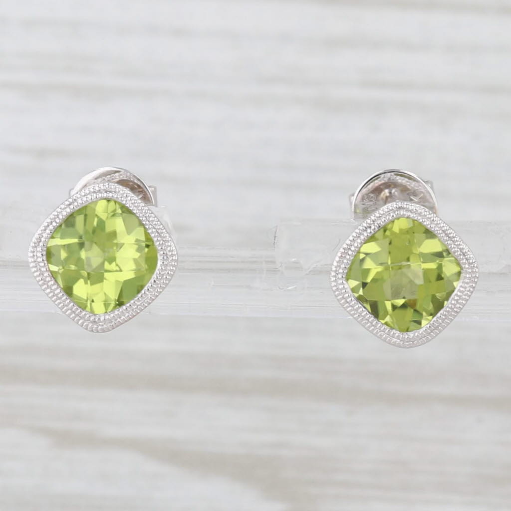 Light Gray 2ctw Cushion Solitaire Green Peridot Stud Earrings 14k White Gold