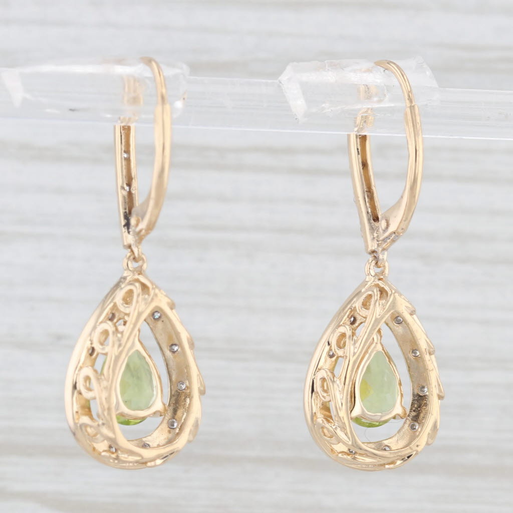 Light Gray 1.63ctw Peridot Diamond Teardrop Dangle Earrings 14k Yellow Gold Lever Backs