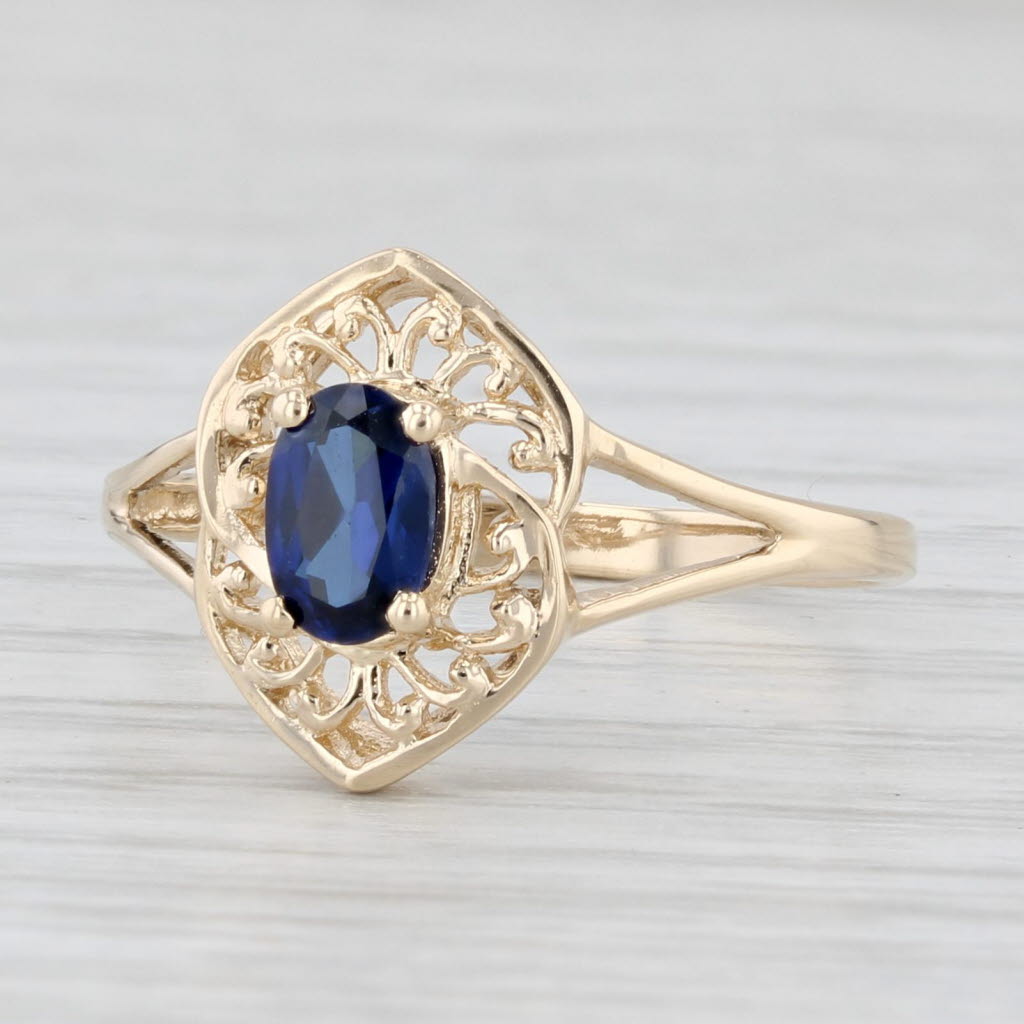 Light Gray 0.48ct Blue Lab Created Sapphire Filigree Ring 10k Yellow Gold Size 7.25