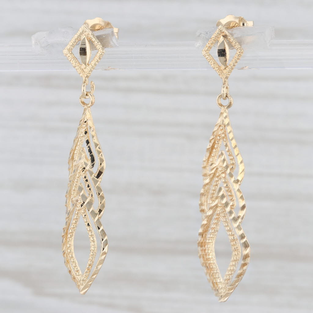 Light Gray Ornate Style Etched Dangle Earrings 14k Yellow Gold Pierced Drops