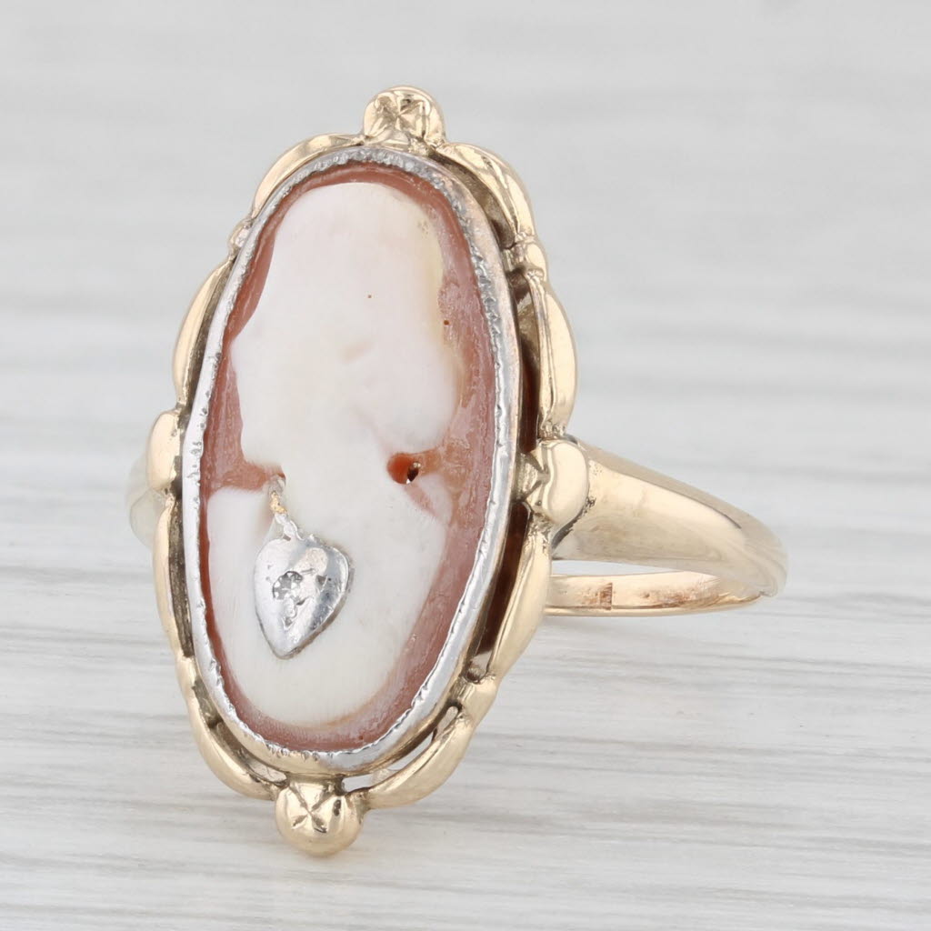 Light Gray Vintage Carved Shell Cameo Ring 10k Yellow Gold Size 4.75 Diamond Accent