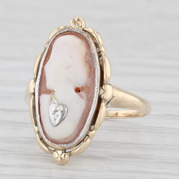 Vintage Carved Shell Cameo Ring 10k Yellow Gold Size 4.75 Diamond Accent