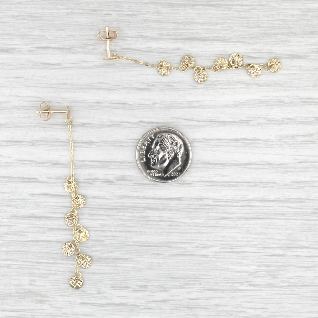 Etched Disc Dangle Earrings 14k Yellow Gold Chain Drops