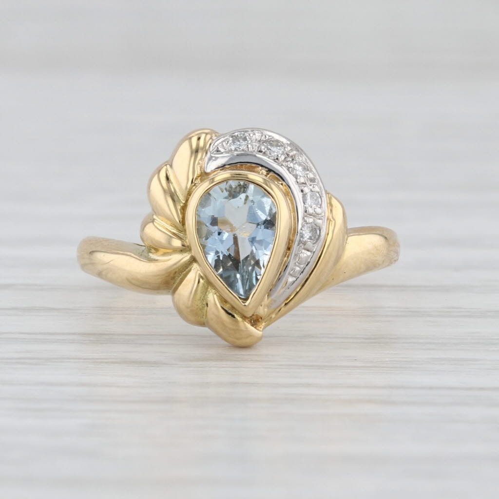 0.55ct Pear Aquamarine Diamond Ring 18k Yellow Gold Size 6